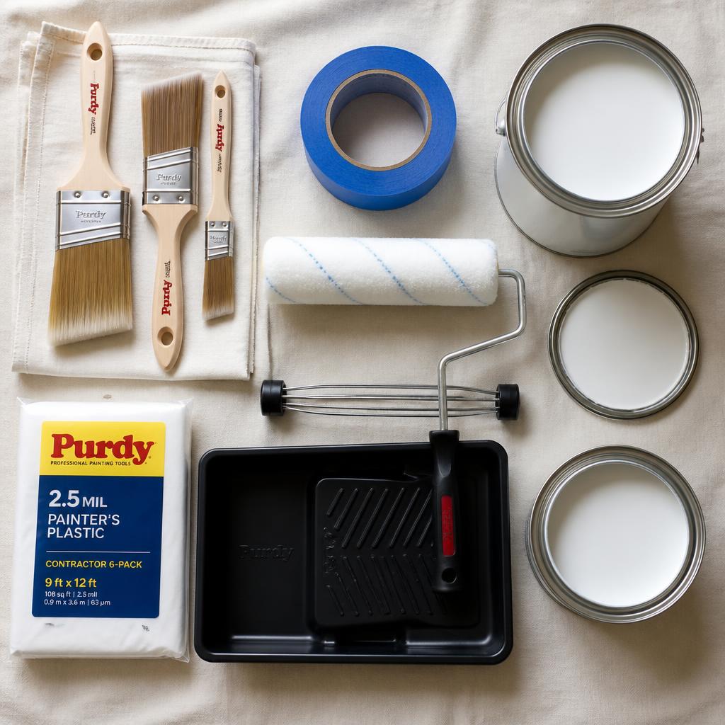 Professional painting tools arranged neatly on a drop cloth